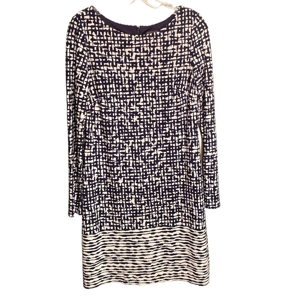 Vince Camuto Sheath Dress Size 8 Navy White Abstract Print Long Sleeve